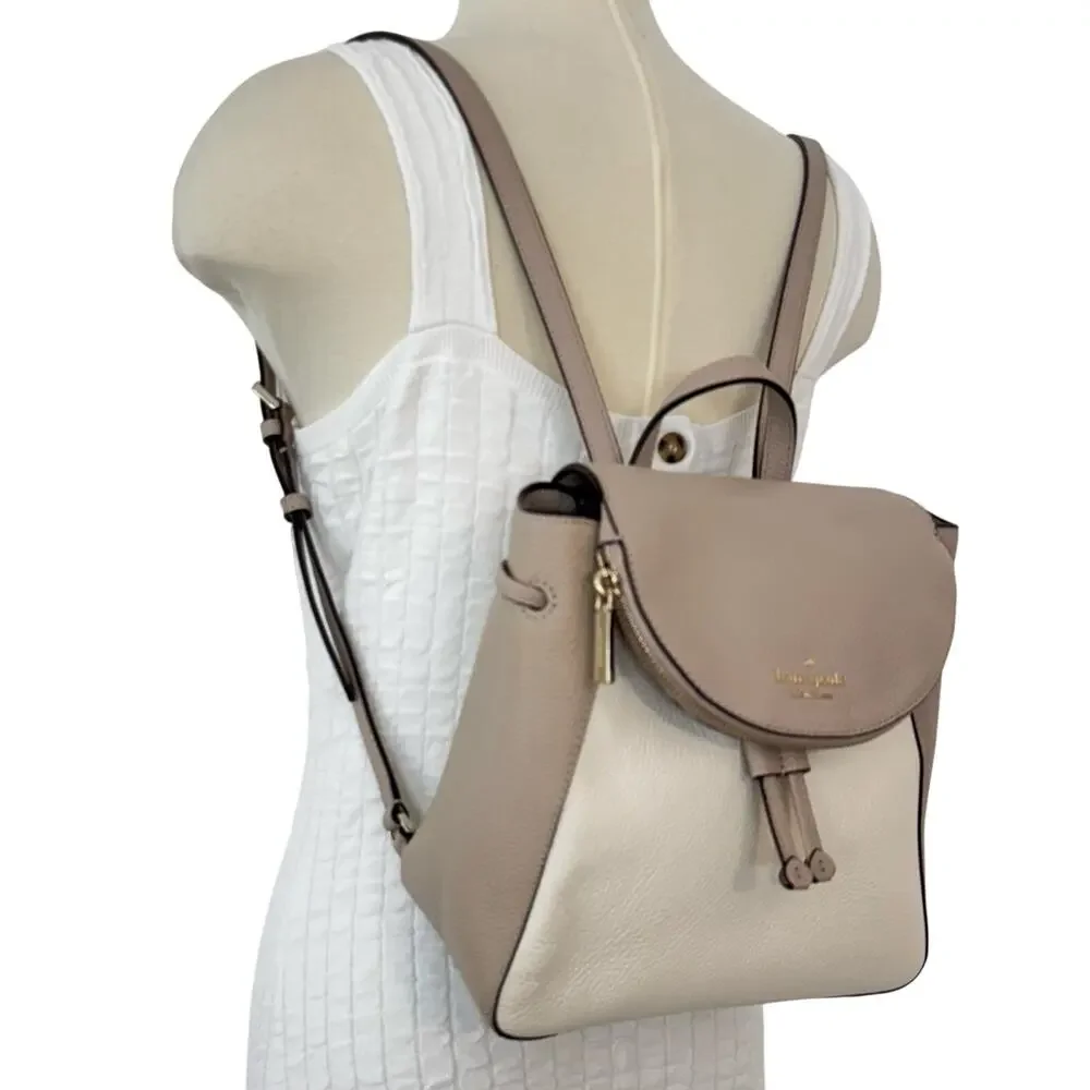 Kate Spade Leila Pebble Leather Backpack Bag Medium in Beige/White